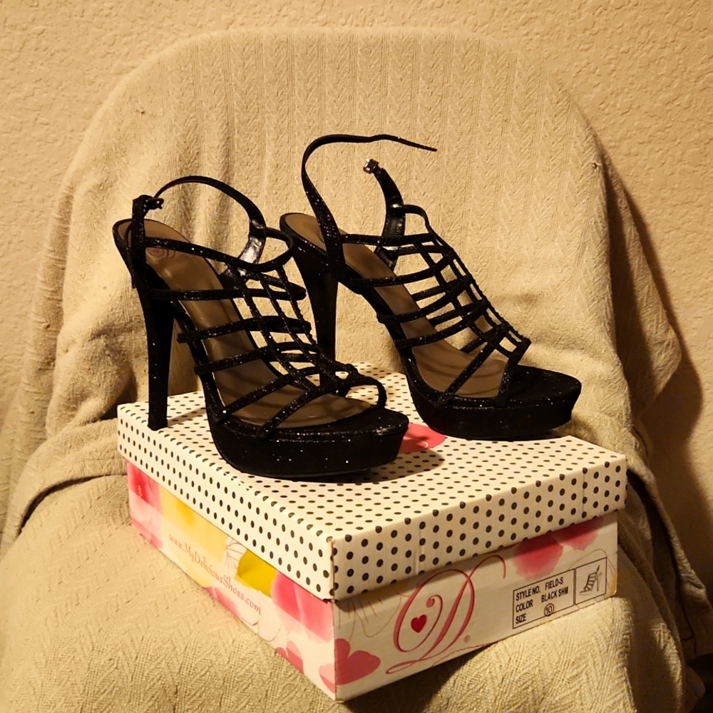 DELICIOUS Black Caged Sparkly Sling Back Heels